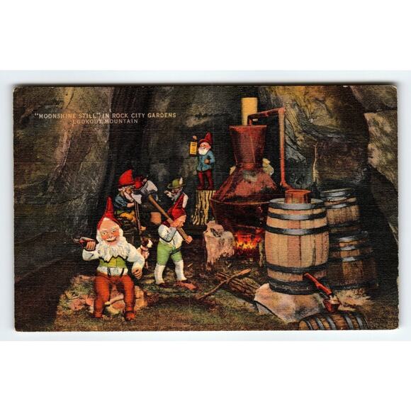 Gnomes "Moonshine Still" Rock City Gardens Lookout Mountain Vintage Postcard - Picture 1 of 2